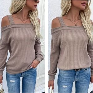 Khaki Cold Shoulder Rib-Knit Sweater